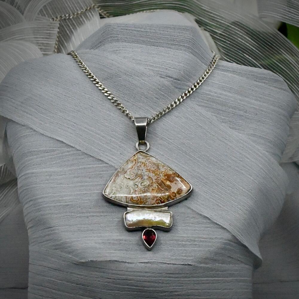 Charles Albert Sterling Silver Agate Pearl Garnet Pendant Necklace 23" 27.8g